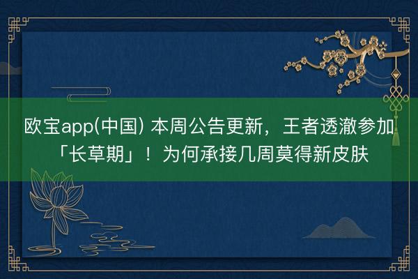 欧宝app(中国) 本周公告更新，王者透澈参加「长草期」！为何承接几周莫得新皮肤